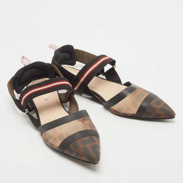 Pre Owned Fendi Brown/Black Zucca Mesh and Leather Colibri Slingback Flats Size 38