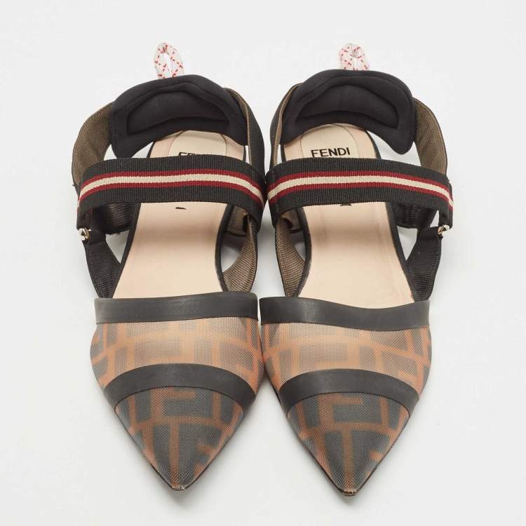 Pre Owned Fendi Brown/Black Zucca Mesh and Leather Colibri Slingback Flats Size 38