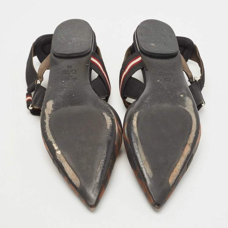 Pre Owned Fendi Brown/Black Zucca Mesh and Leather Colibri Slingback Flats Size 38