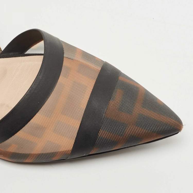 Pre Owned Fendi Brown/Black Zucca Mesh and Leather Colibri Slingback Flats Size 38