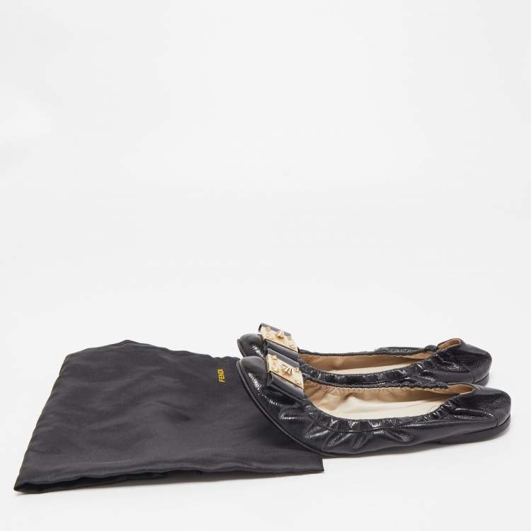 Pre Owned Fendi Black Patent Leather Bow Detail Scrunch Ballet Flats Size 37