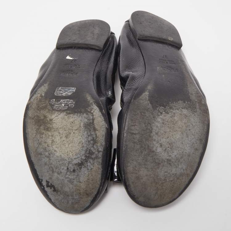 Pre Owned Fendi Black Patent Leather Bow Detail Scrunch Ballet Flats Size 37