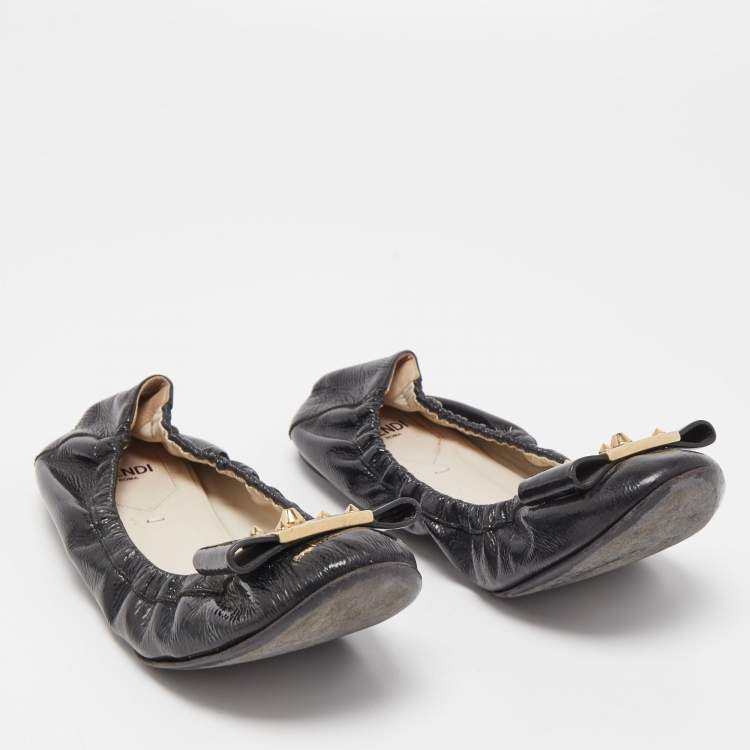 Pre Owned Fendi Black Patent Leather Bow Detail Scrunch Ballet Flats Size 37
