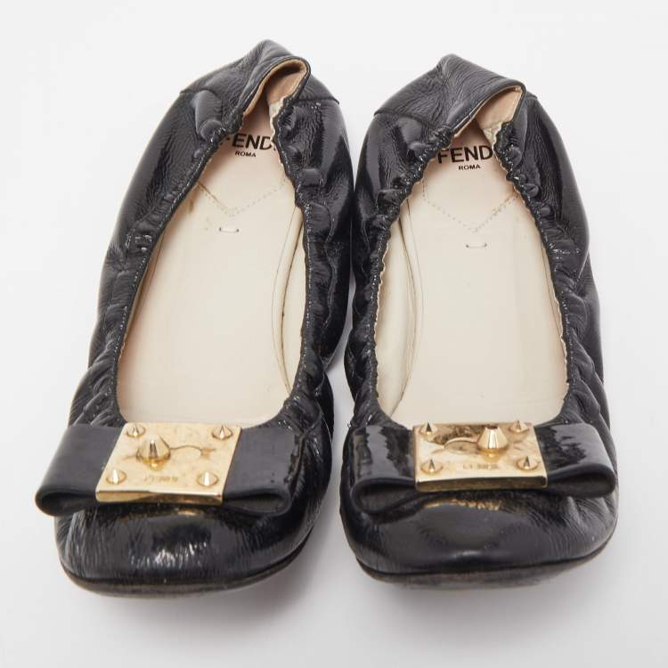 Pre Owned Fendi Black Patent Leather Bow Detail Scrunch Ballet Flats Size 37