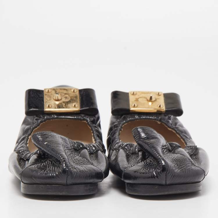 Pre Owned Fendi Black Patent Leather Bow Detail Scrunch Ballet Flats Size 37