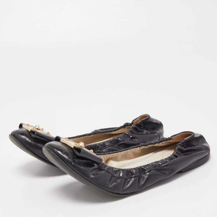 Pre Owned Fendi Black Patent Leather Bow Detail Scrunch Ballet Flats Size 37