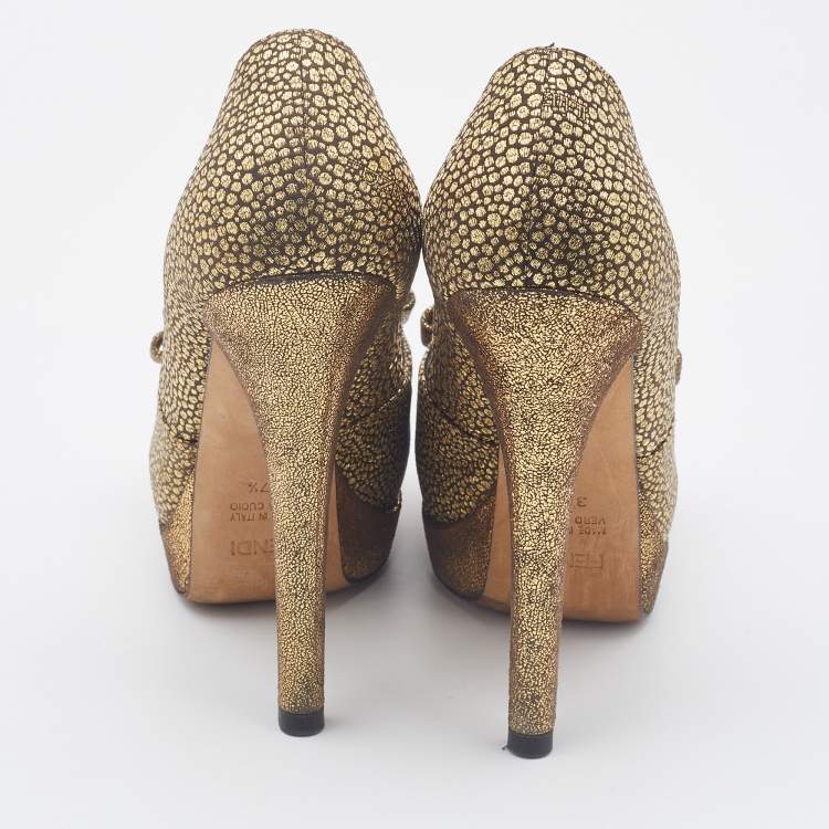 Pre Owned Fendi Metallic Gold Brocade Fabric Deco Peep Toe Bow Platform Pumps Size 37.5