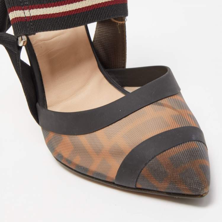 Pre Owned Fendi  Multicolor Mesh and Canvas Colibri Slingback Pumps Size 35