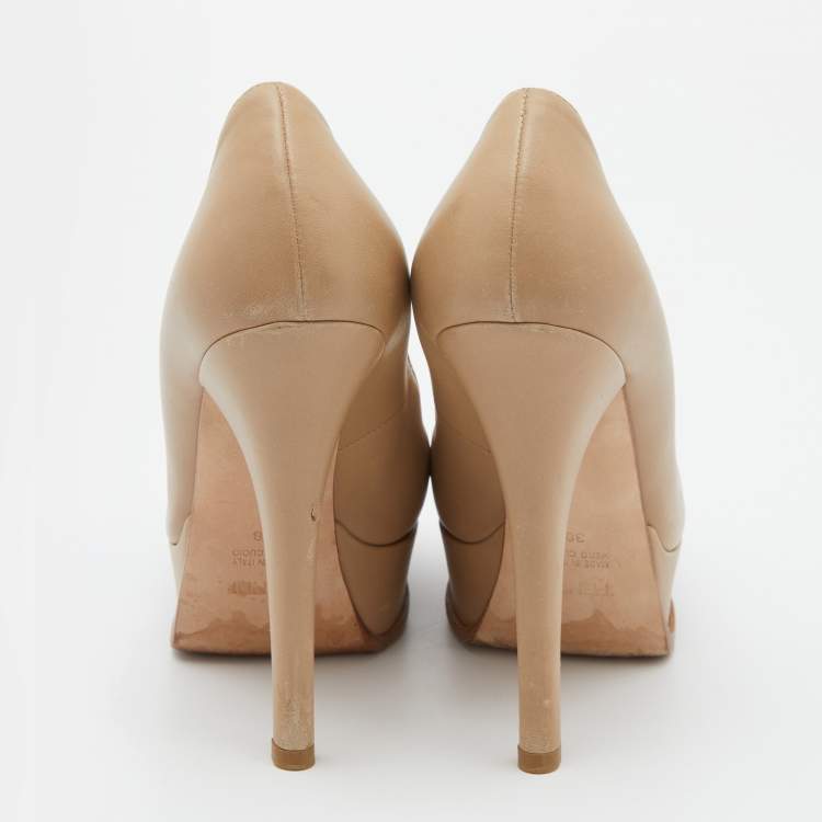 Pre Owned Fendi Beige Leather Fendista Platform Pumps Size 38
