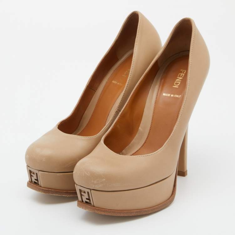 Pre Owned Fendi Beige Leather Fendista Platform Pumps Size 38