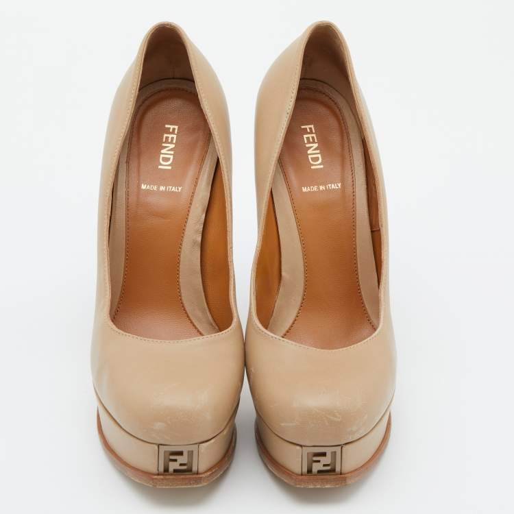 Pre Owned Fendi Beige Leather Fendista Platform Pumps Size 38