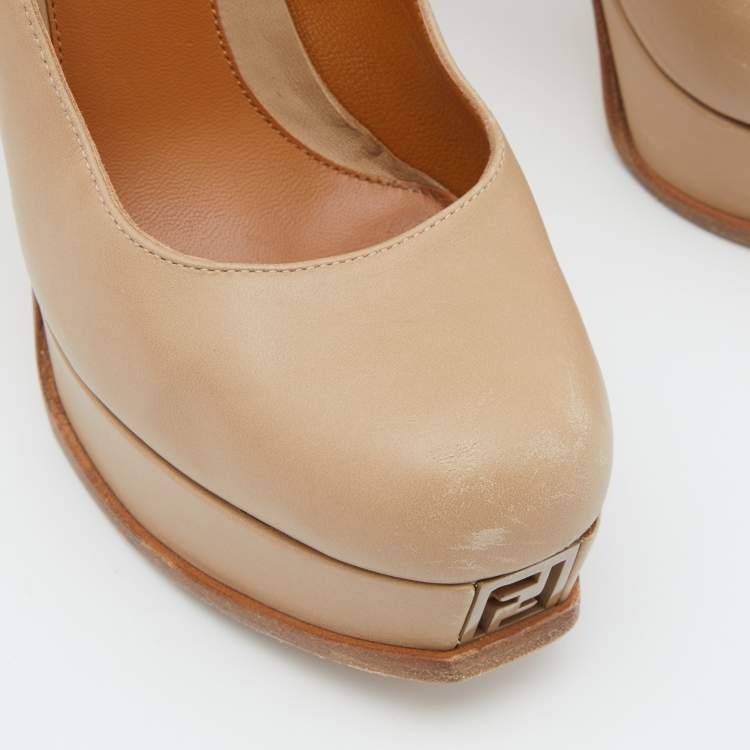 Pre Owned Fendi Beige Leather Fendista Platform Pumps Size 38