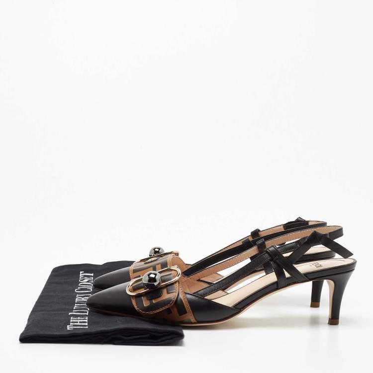 Pre Owned Fendi Brown/Black Leather Slingback Pumps Size 37