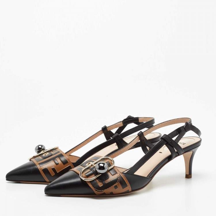 Pre Owned Fendi Brown/Black Leather Slingback Pumps Size 37
