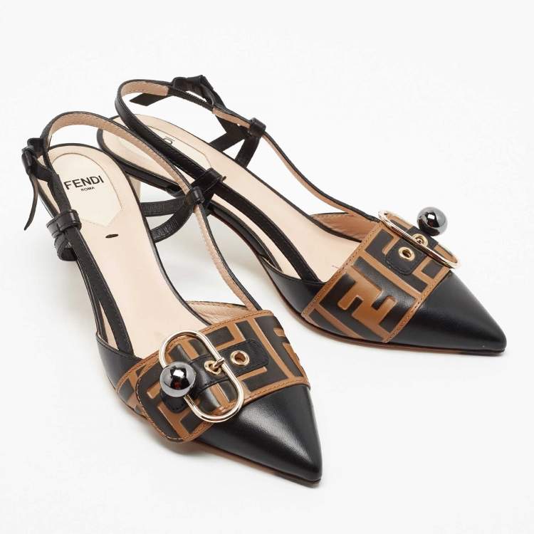 Pre Owned Fendi Brown/Black Leather Slingback Pumps Size 37