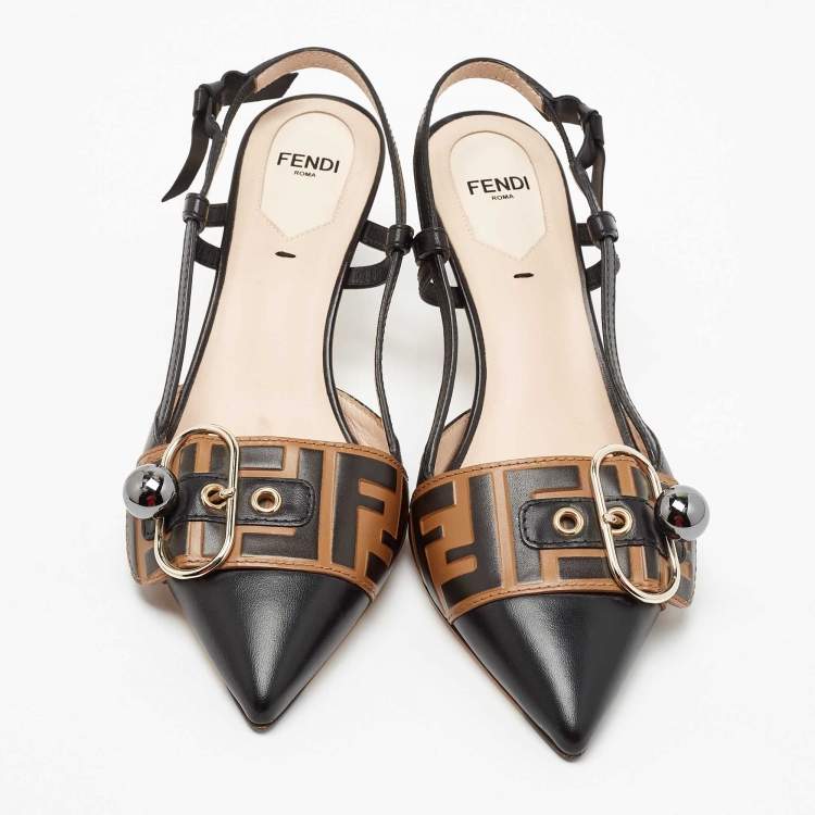 Pre Owned Fendi Brown/Black Leather Slingback Pumps Size 37
