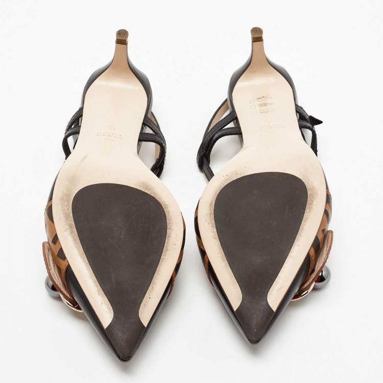 Pre Owned Fendi Brown/Black Leather Slingback Pumps Size 37