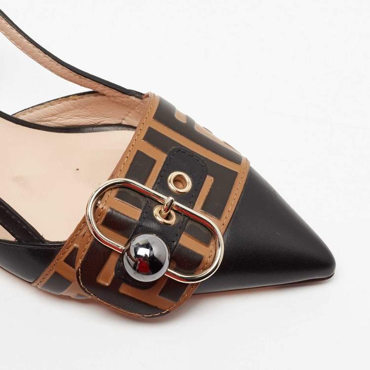 Pre Owned Fendi Brown/Black Leather Slingback Pumps Size 37
