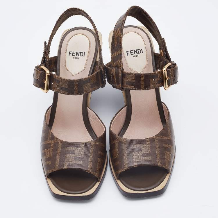 مملوكة مسبقًا Fendi Brown Zucca Coated Canvas Motif Logo Wedge Ankle Strap Sandals Size 36.5