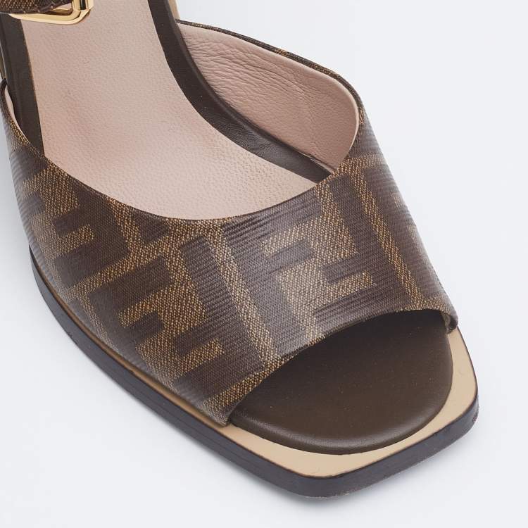 مملوكة مسبقًا Fendi Brown Zucca Coated Canvas Motif Logo Wedge Ankle Strap Sandals Size 36.5