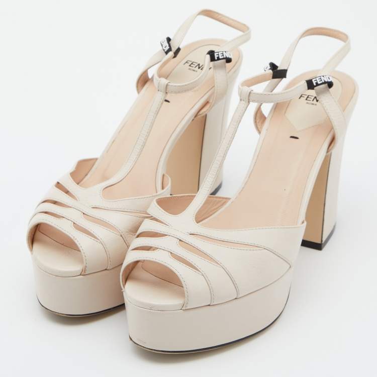 Pre Owned Fendi Beige Leather Block Heel Ankle Strap Sandals Size 39