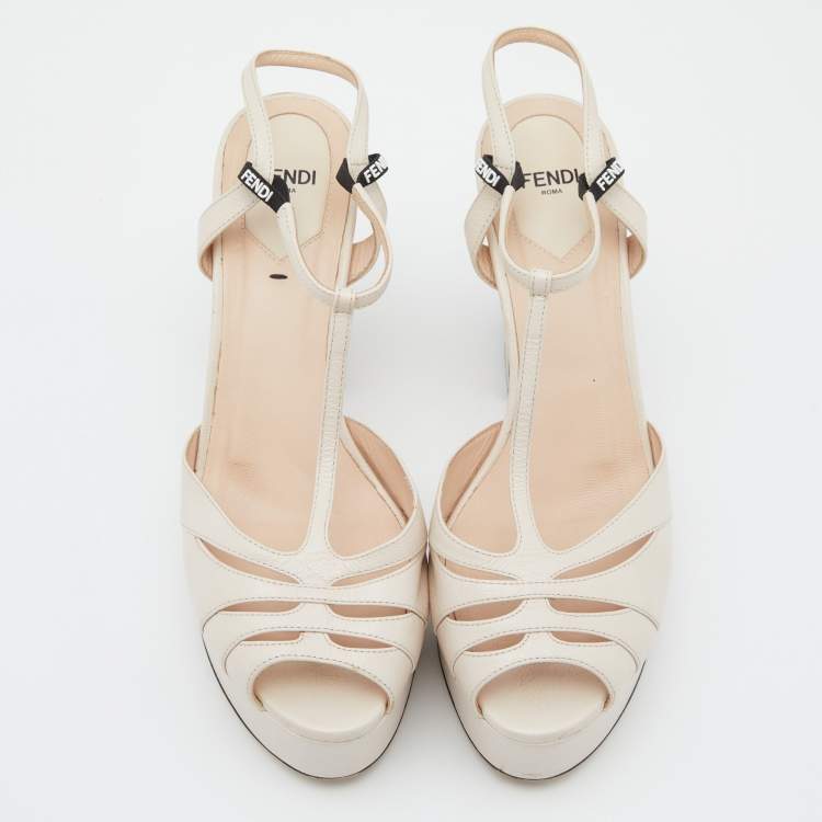 Pre Owned Fendi Beige Leather Block Heel Ankle Strap Sandals Size 39