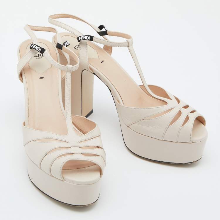 Pre Owned Fendi Beige Leather Block Heel Ankle Strap Sandals Size 39