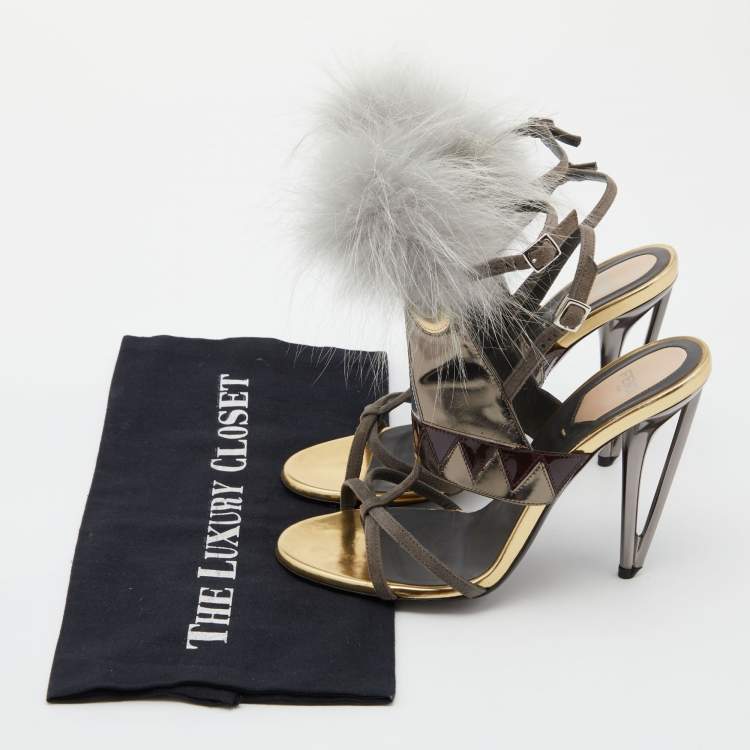 Pre Owned Fendi Metallic Grey Leather and Fur Monster Eye Ankle Strap Sandals Size 38.5