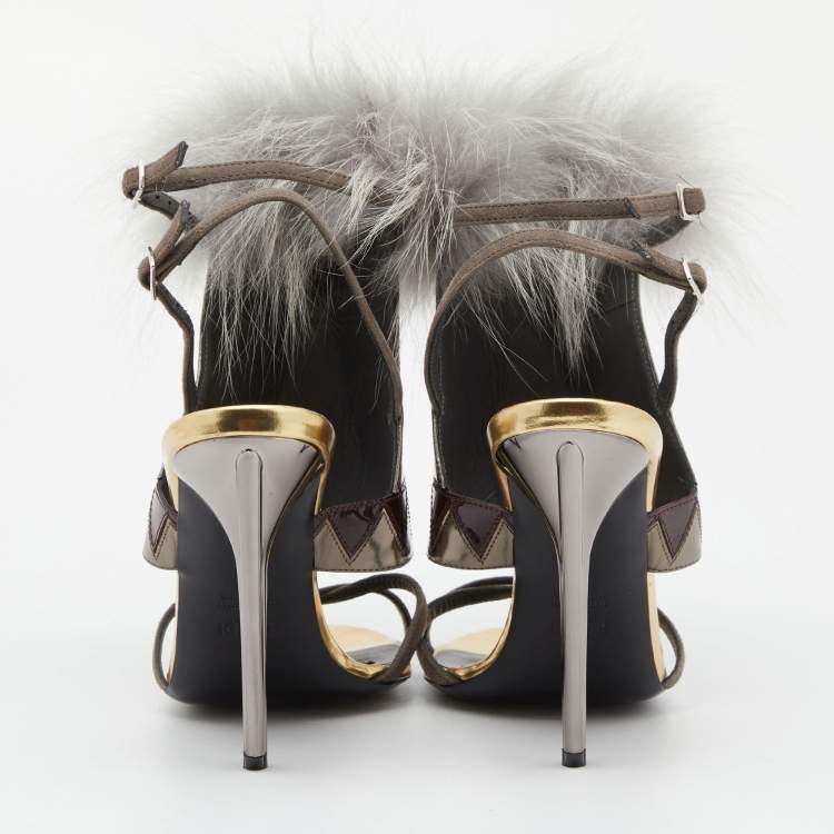 Pre Owned Fendi Metallic Grey Leather and Fur Monster Eye Ankle Strap Sandals Size 38.5