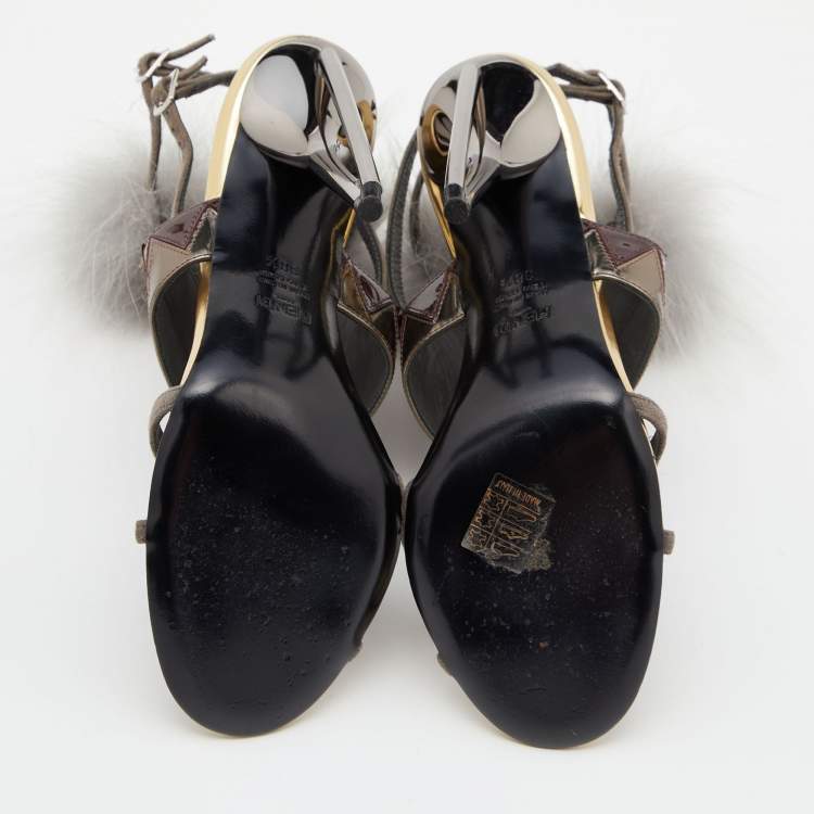 Pre Owned Fendi Metallic Grey Leather and Fur Monster Eye Ankle Strap Sandals Size 38.5