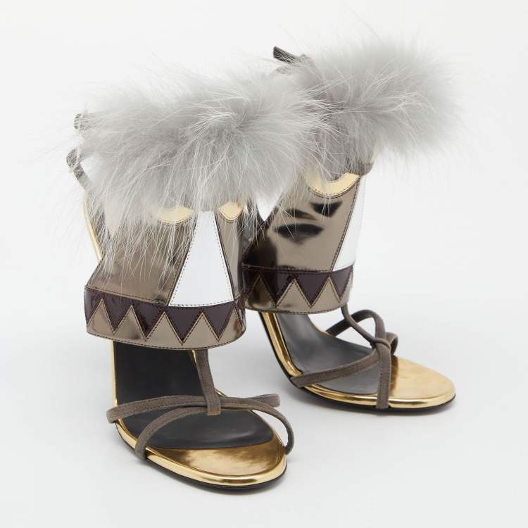 Pre Owned Fendi Metallic Grey Leather and Fur Monster Eye Ankle Strap Sandals Size 38.5