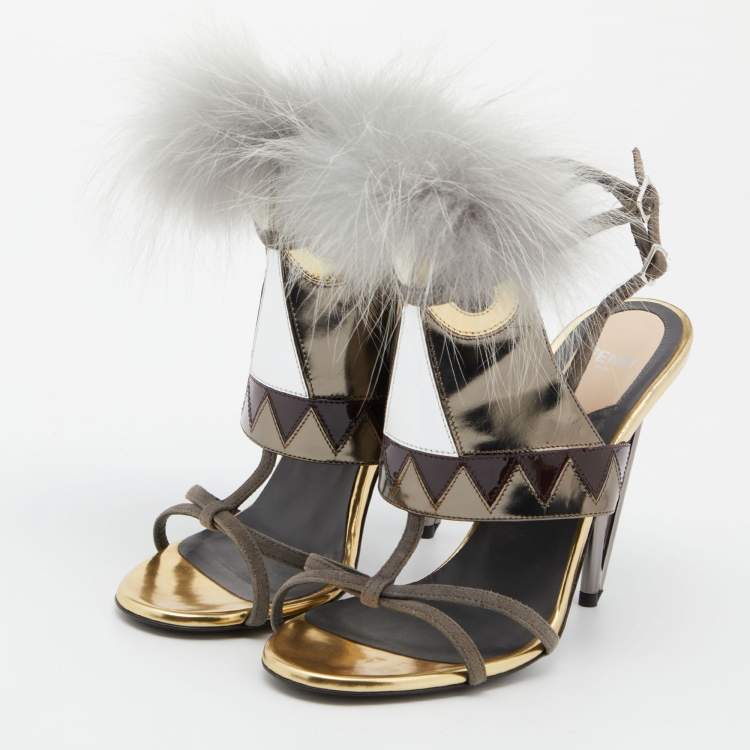 Pre Owned Fendi Metallic Grey Leather and Fur Monster Eye Ankle Strap Sandals Size 38.5