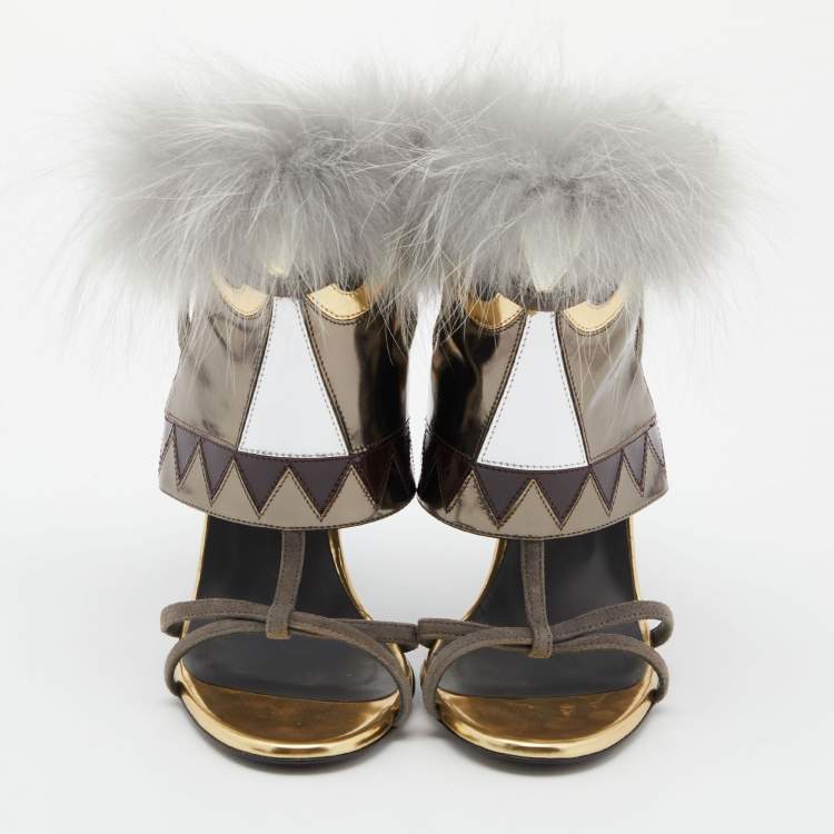 Pre Owned Fendi Metallic Grey Leather and Fur Monster Eye Ankle Strap Sandals Size 38.5