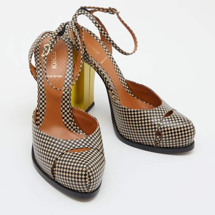 Pre Owned Fendi Two Tone Checkered Leather Ankle Strap Pumps Size 40