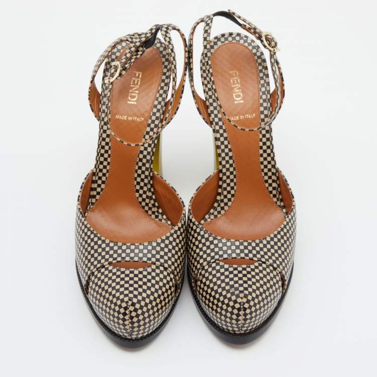 Pre Owned Fendi Two Tone Checkered Leather Ankle Strap Pumps Size 40