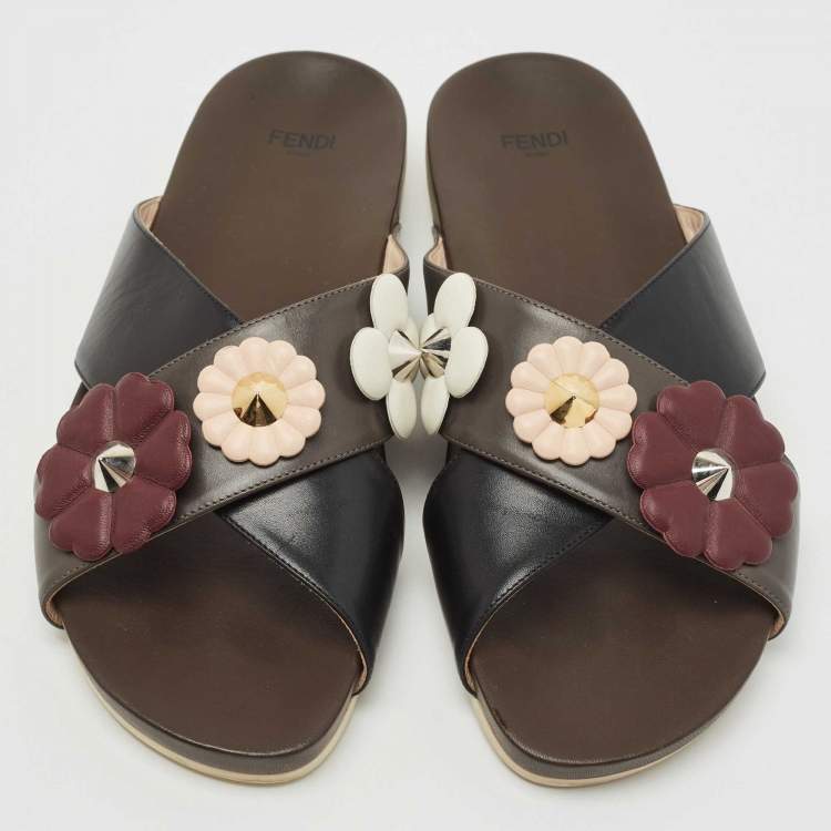 Pre Owned Fendi Black/Brown Leather Flowerland Stud Criss Cross Flat Slides Size 41