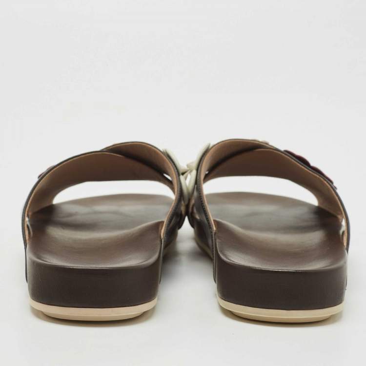 Pre Owned Fendi Black/Brown Leather Flowerland Stud Criss Cross Flat Slides Size 41