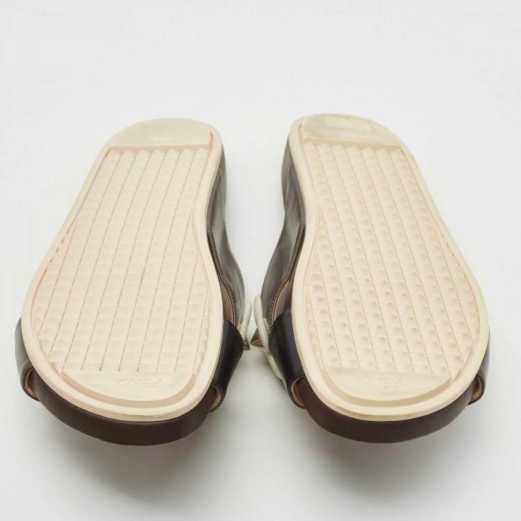 Pre Owned Fendi Black/Brown Leather Flowerland Stud Criss Cross Flat Slides Size 41