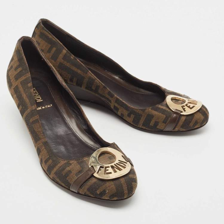 Pre Owned Fendi Brown Zucca Canvas and Leather Logo Wedge Pumps Size 38