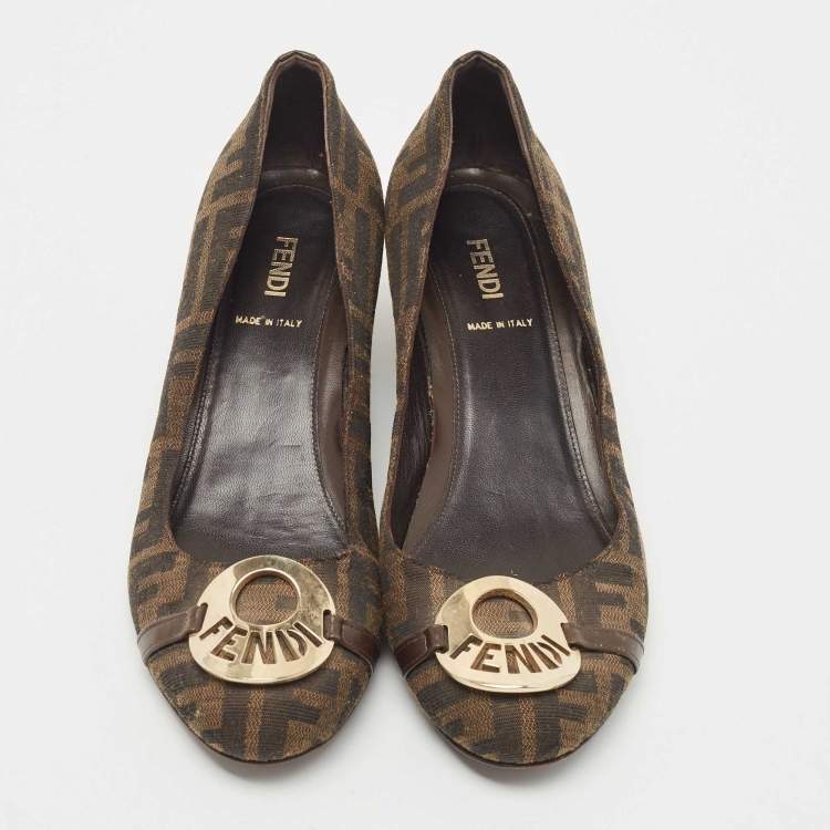 Pre Owned Fendi Brown Zucca Canvas and Leather Logo Wedge Pumps Size 38