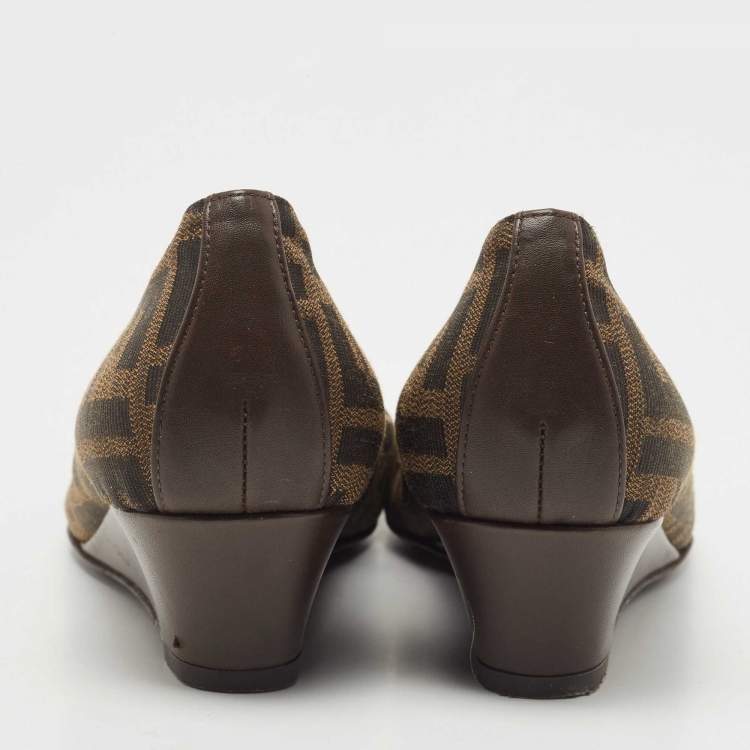 Pre Owned Fendi Brown Zucca Canvas and Leather Logo Wedge Pumps Size 38