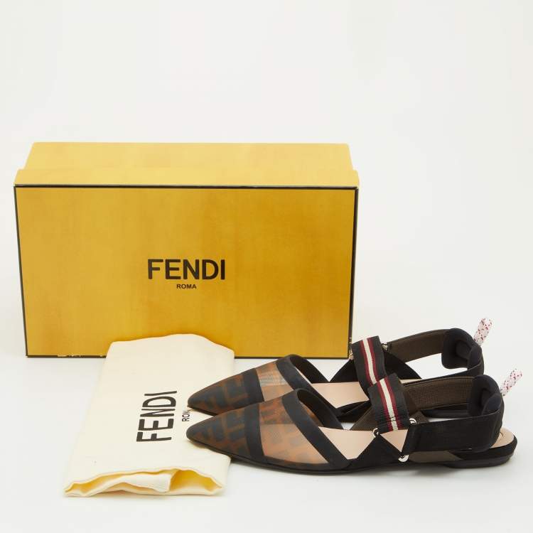 Pre Owned Fendi Brown/Black Zucca Mesh and Leather Colibri Slingback Flats Size 37.5