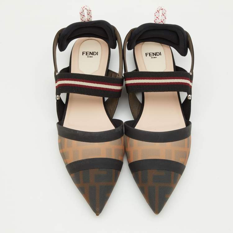 Pre Owned Fendi Brown/Black Zucca Mesh and Leather Colibri Slingback Flats Size 37.5