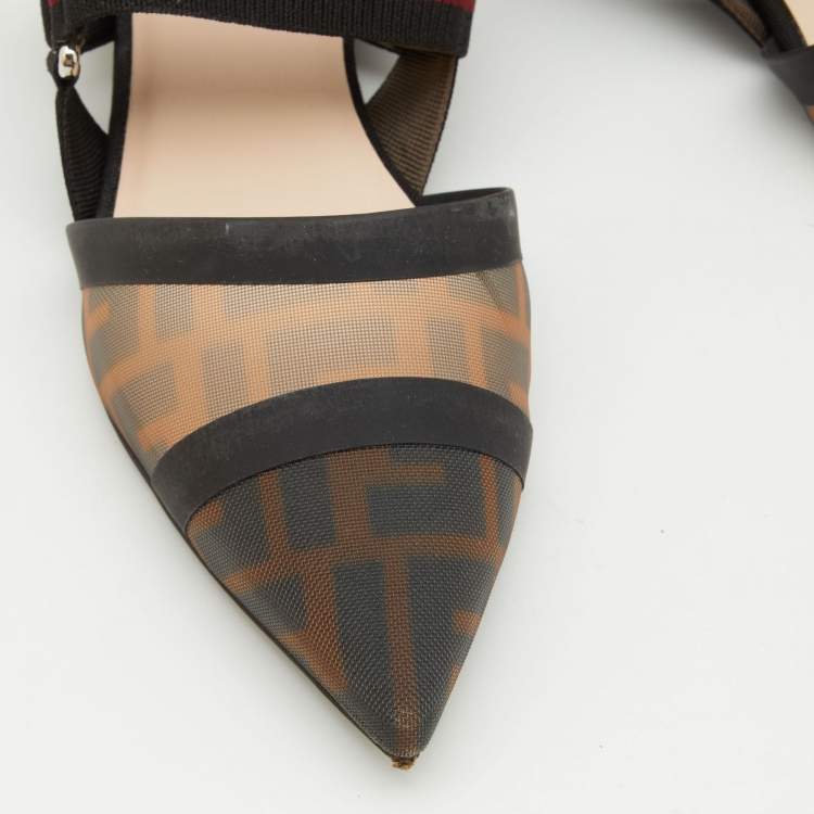 Pre Owned Fendi Brown/Black Zucca Mesh and Leather Colibri Slingback Flats Size 37.5