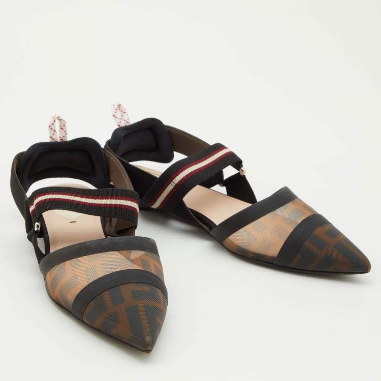 Pre Owned Fendi Brown/Black Zucca Mesh and Leather Colibri Slingback Flats Size 37.5