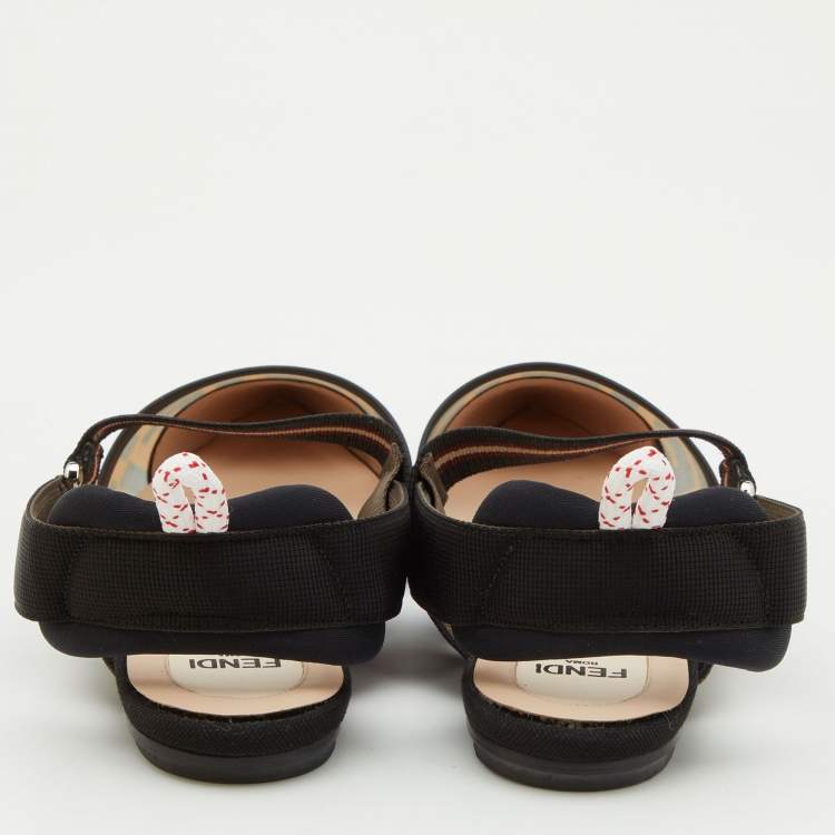 Pre Owned Fendi Brown/Black Zucca Mesh and Leather Colibri Slingback Flats Size 37.5