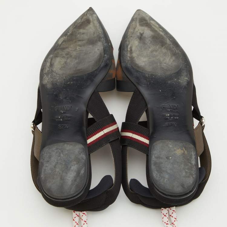 Pre Owned Fendi Brown/Black Zucca Mesh and Leather Colibri Slingback Flats Size 37.5
