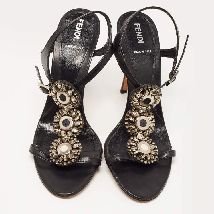 مملوكة مسبقًا Fendi Black Leather Crystal Embellished Ankle Strap Sandals Size 38.5