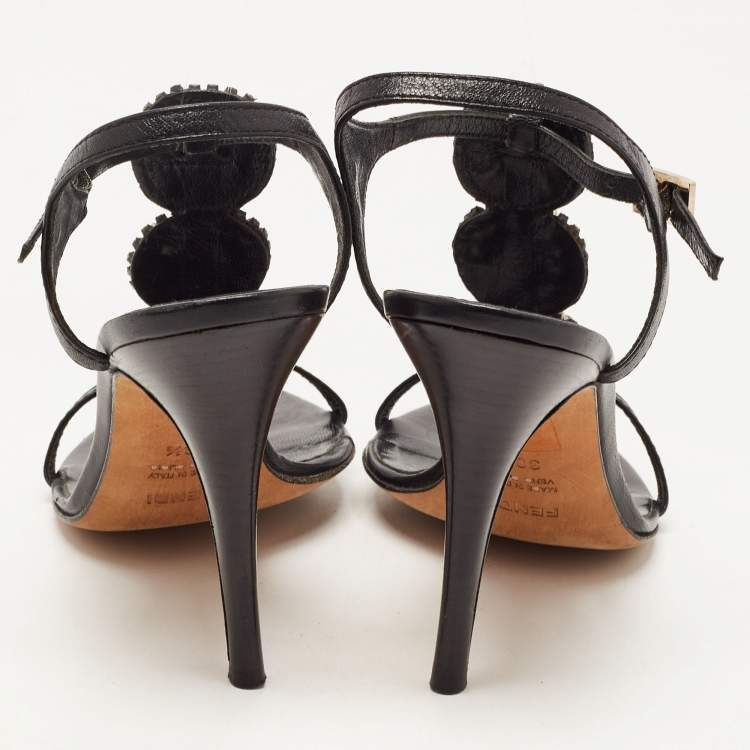 مملوكة مسبقًا Fendi Black Leather Crystal Embellished Ankle Strap Sandals Size 38.5