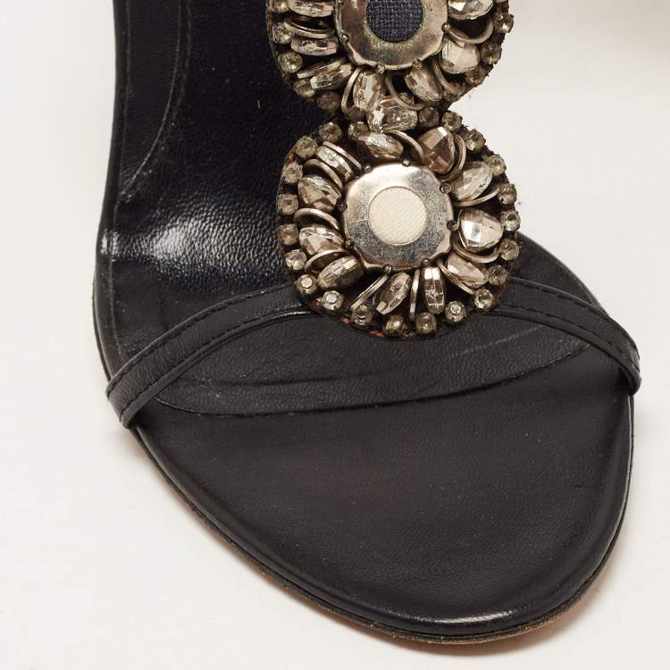 مملوكة مسبقًا Fendi Black Leather Crystal Embellished Ankle Strap Sandals Size 38.5